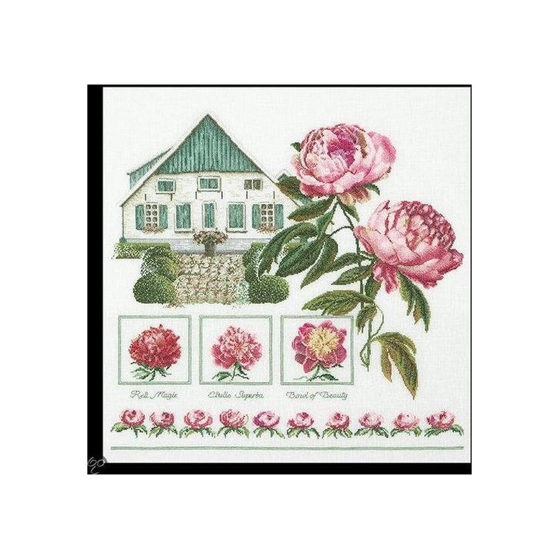 Thea Gouverneur Borduurpakket 448 Boeren pioen - Linnen stof