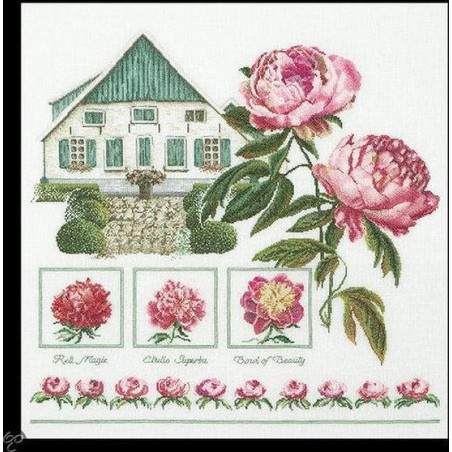 Thea Gouverneur Borduurpakket 448 Boeren pioen - Linnen stof