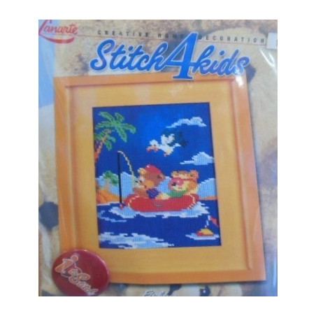 Borduurpakket beren in bootje   voorgedrukt kinderpakket  14 x 20 cm