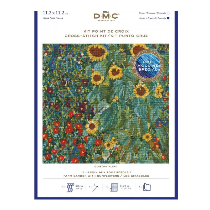 DMC Kruissteekset "Boerderijtuin met zonnebloemen van Gustav Klimt", telpatroon, 28,5x28,5cm