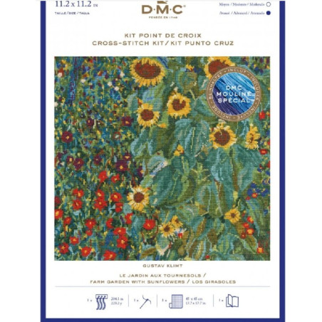 DMC Kruissteekset "Boerderijtuin met zonnebloemen van Gustav Klimt", telpatroon, 28,5x28,5cm