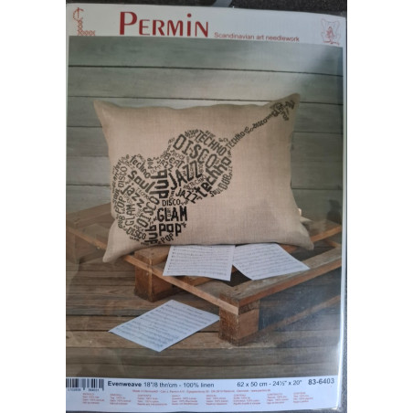 Borduurpakket Permin 83-6403 kussen jute gitaar teksten 62 x 50 cm